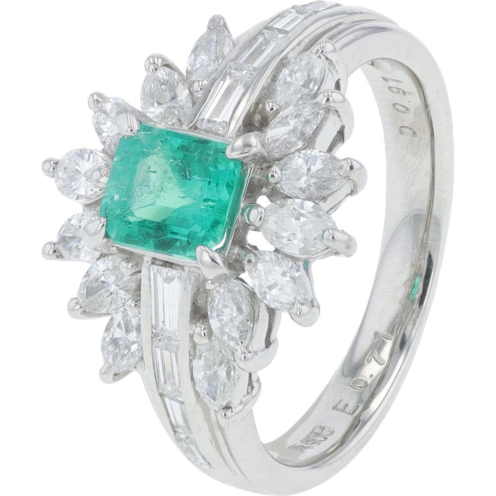 Platinum 0.71 Carat Emerald Ring with 0.97 Carat Diamond Halo - Platinum 900