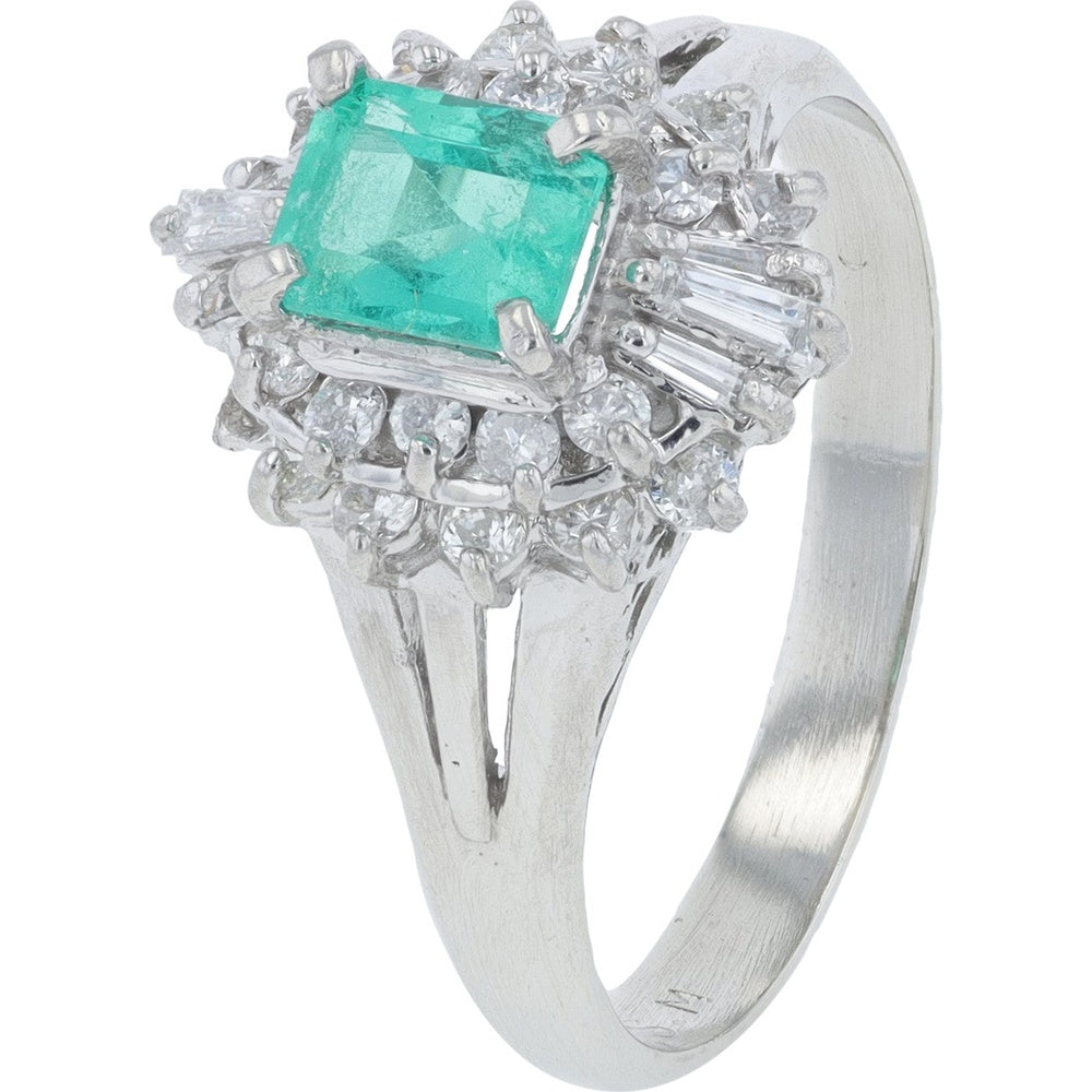 Platinum 0.71 Carat Emerald Ring with Diamond Halo and Split Shank Design - 0.38 Carat Total Diamond Weight