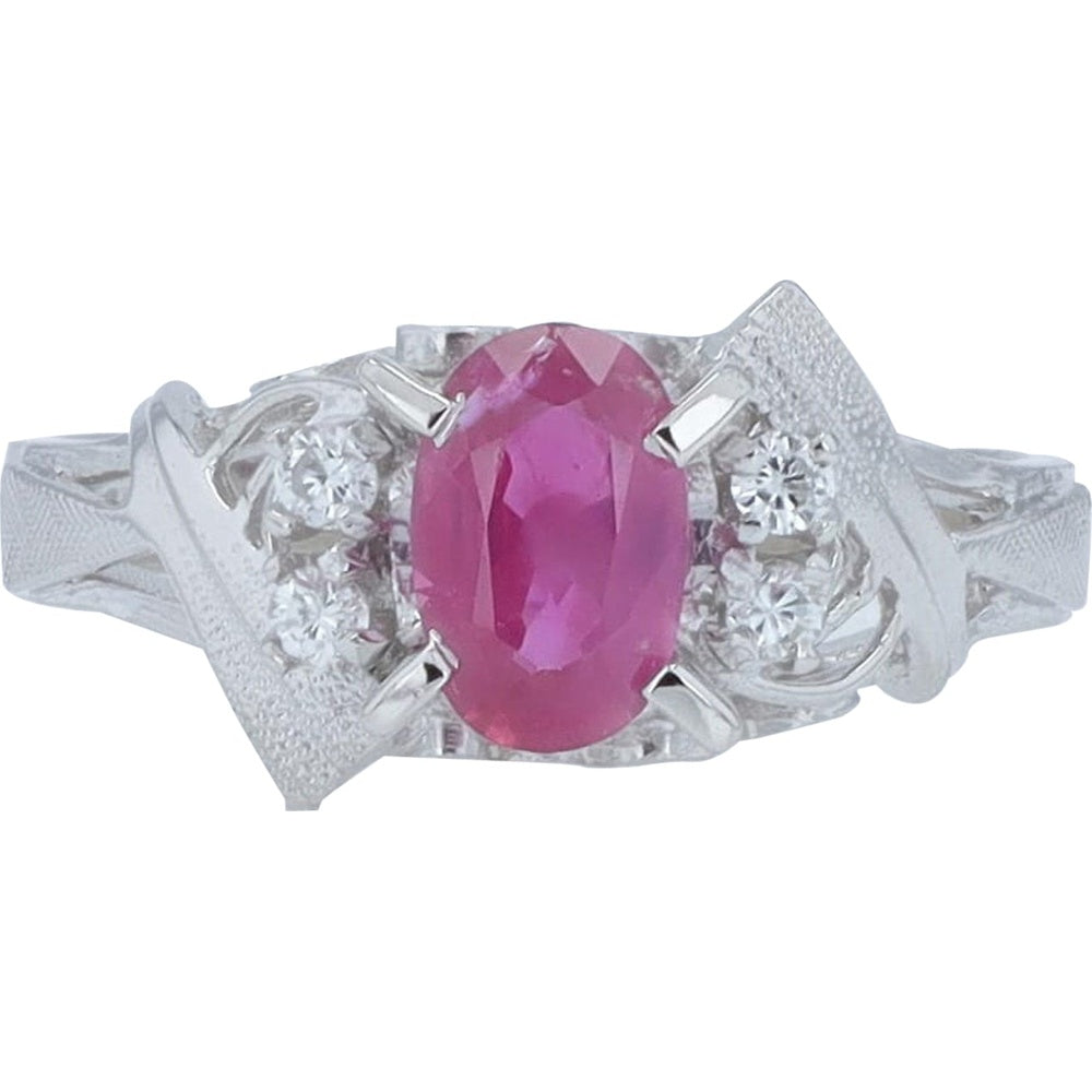 Platinum 0.72 Carat Oval Ruby Ring with 0.05 Carat Round Diamond Accents and Textured Sculptural Band