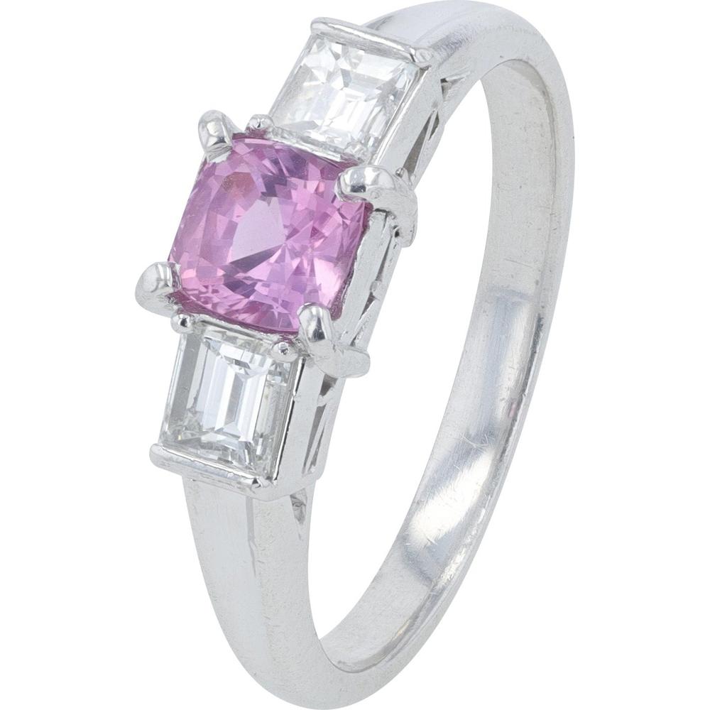 Platinum 0.74 Carat Cushion Cut Pink Sapphire Ring with 0.49 Carat Baguette Diamonds