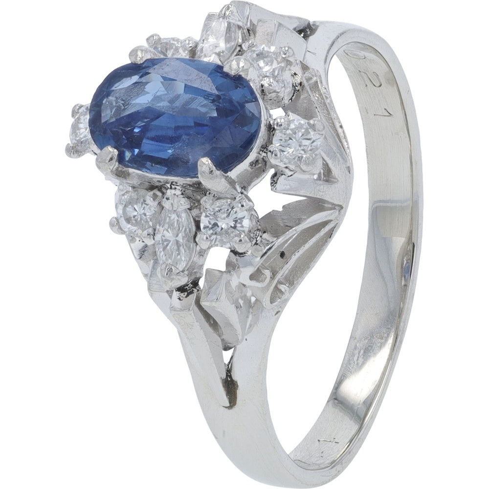 Platinum 0.74 Carat Oval Sapphire Ring with 0.21 Carat Round Diamond Cluster Accent - Size 6.25