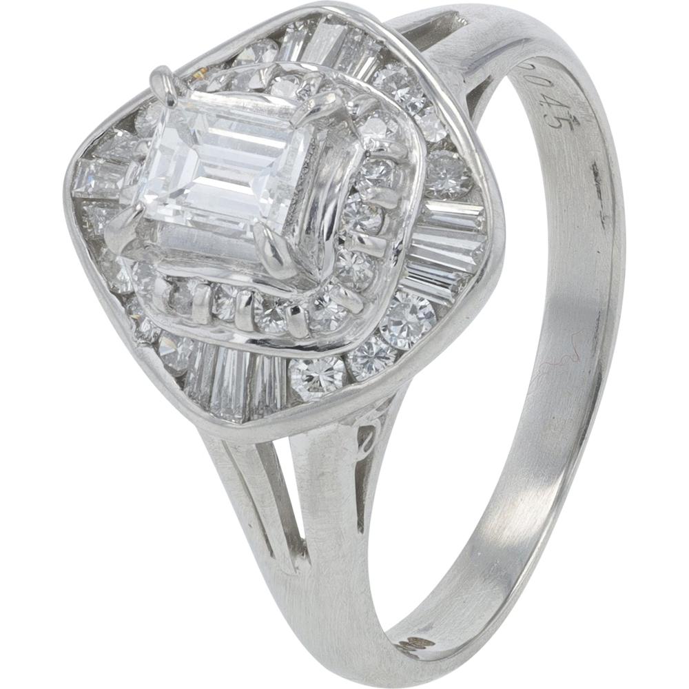 Platinum 0.75 Carat Total Weight Diamond Ring with Emerald Cut and Baguette Diamonds