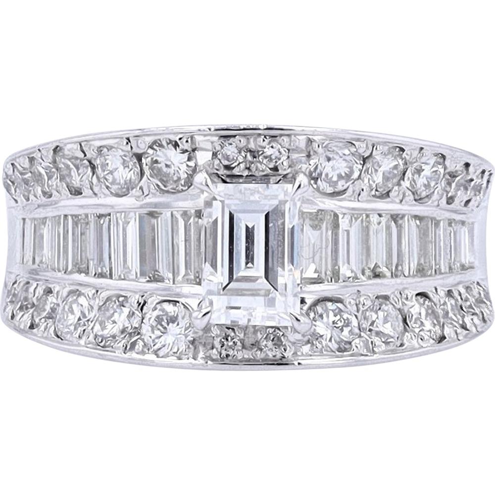 Platinum 0.757 Carat Emerald Cut Diamond Engagement Ring with Baguette and Round Diamond Accents - 1.22 Carat Total Diamond Weight