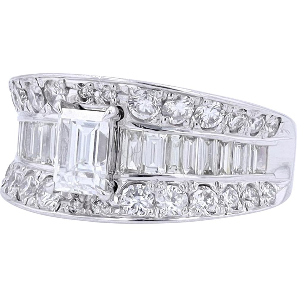 Platinum 0.757 Carat Emerald Cut Diamond Engagement Ring with Baguette and Round Diamond Accents - 1.22 Carat Total Diamond Weight