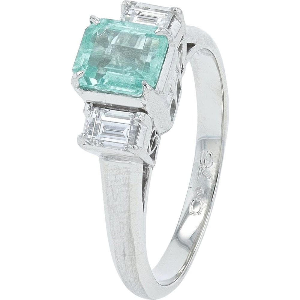 Platinum 0.76 Carat Emerald and Baguette Diamond Three-Stone Ring - 0.32 Carat Total Diamond Weight