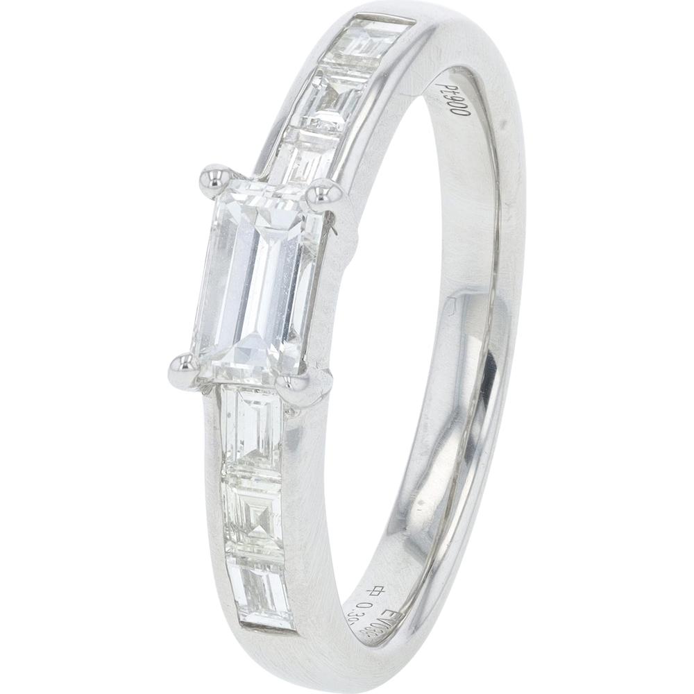Platinum 0.767 Carat Total Weight Diamond Engagement Ring with Emerald and Baguette Cut Diamonds