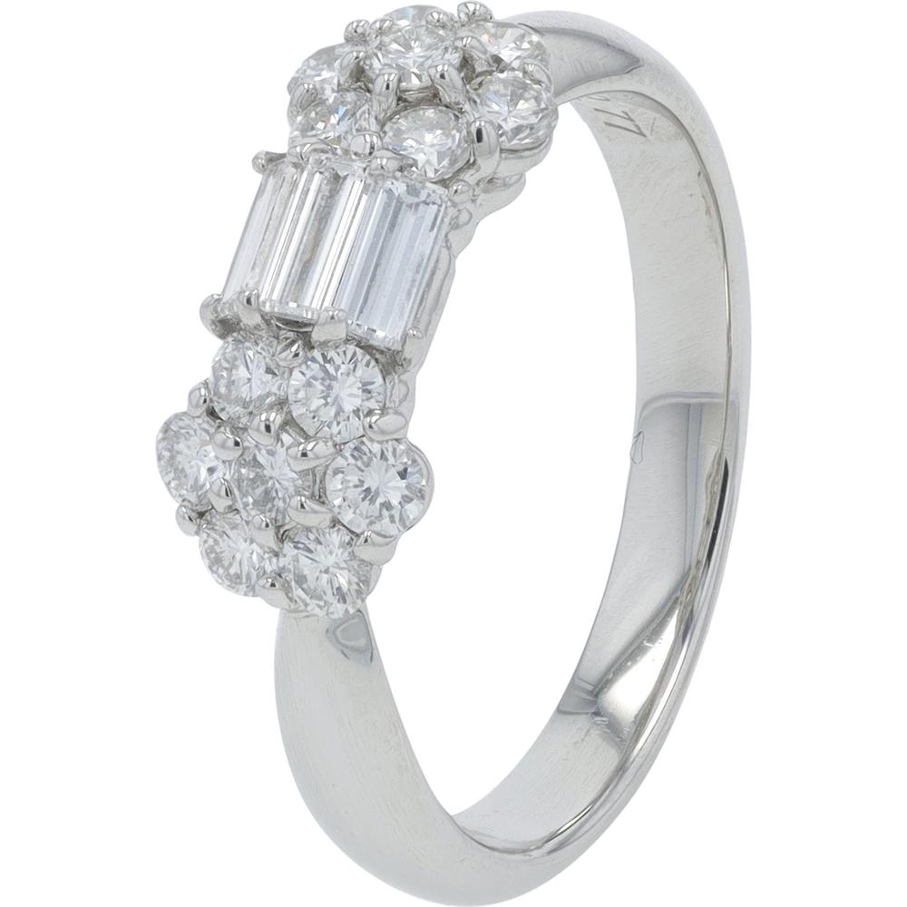 Platinum 0.77 Carat Total Diamond Ring with Baguette and Round Diamonds