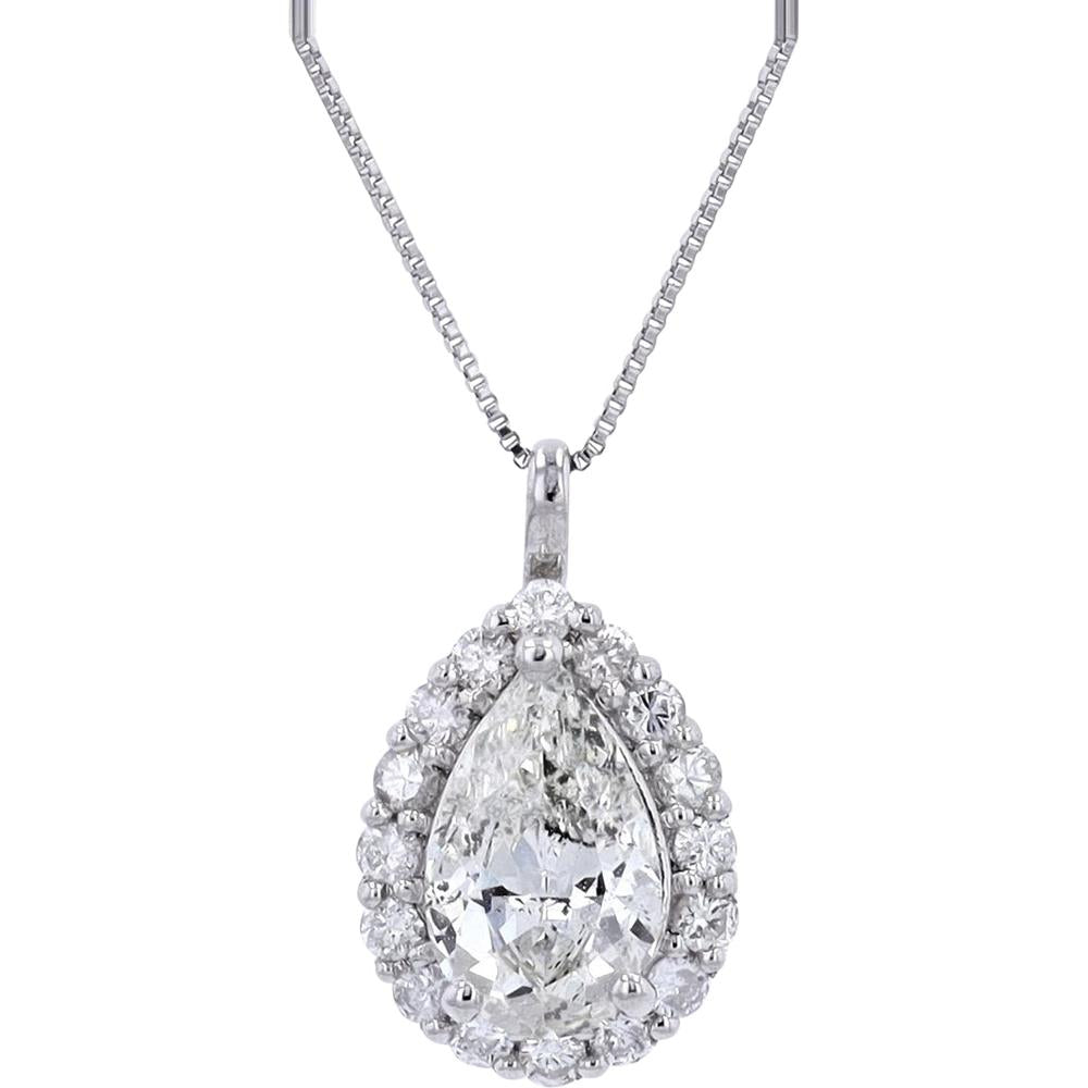 Platinum 0.778 Carat Pear-Cut Diamond Halo Pendant with 1.028 Carat Total Diamond Weight on 17.75" Bolo Chain