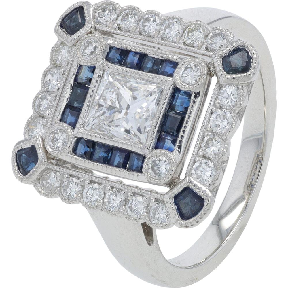 Platinum 0.80 Carat Princess Cut Sapphire Ring with 1.32 Carat Total Round Diamonds