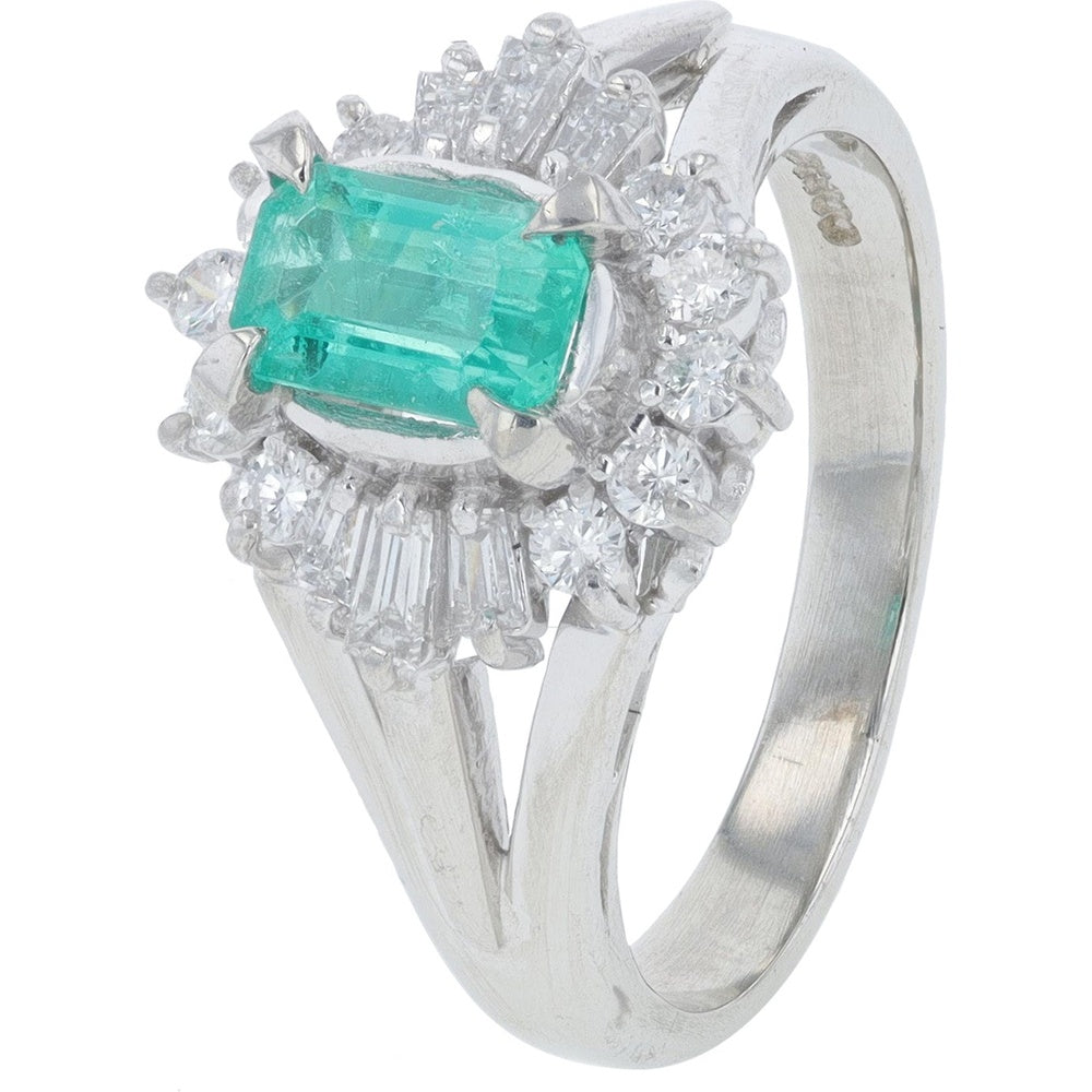 Platinum 0.814 Carat Emerald Cut Emerald and Diamond Halo Ring with 0.59 Carat Total Diamond Weight