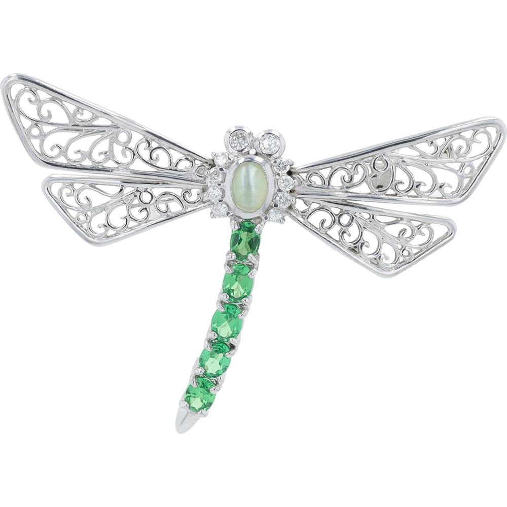 Platinum 0.82 Total Carat Weight Tsavorite Dragonfly Brooch with Cat's Eye and Diamonds - 0.82 Carat Total Gem Weight