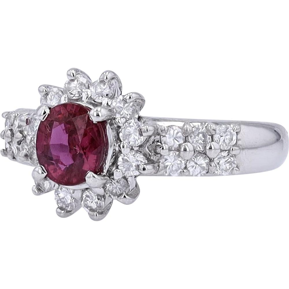 Platinum 0.83 Carat Oval Ruby Ring with 0.50 Carat Diamond Halo - Prong Set