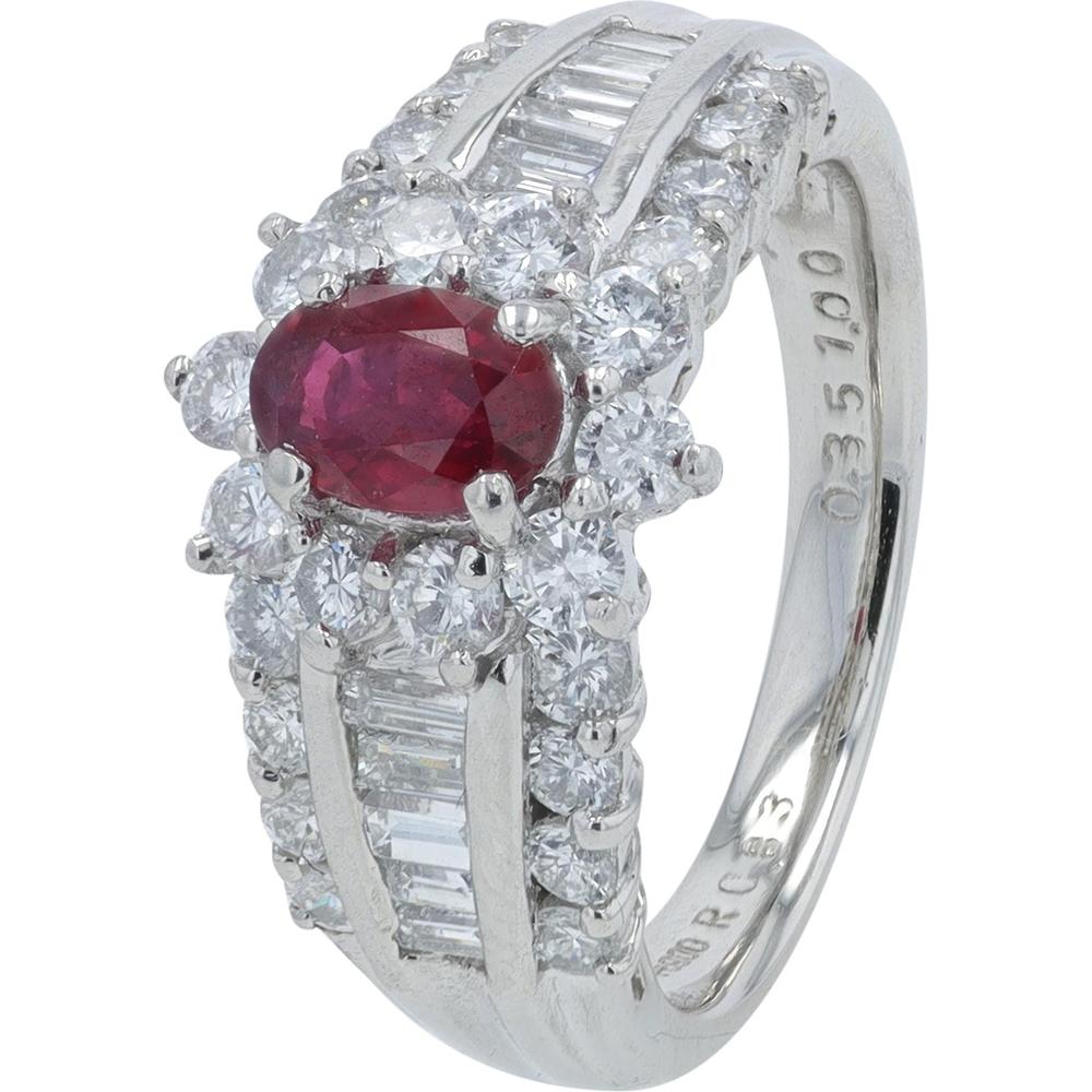 Platinum 0.83 Carat Ruby Ring with 1.35 Carats Total Diamond Weight in Diamond Halo Setting