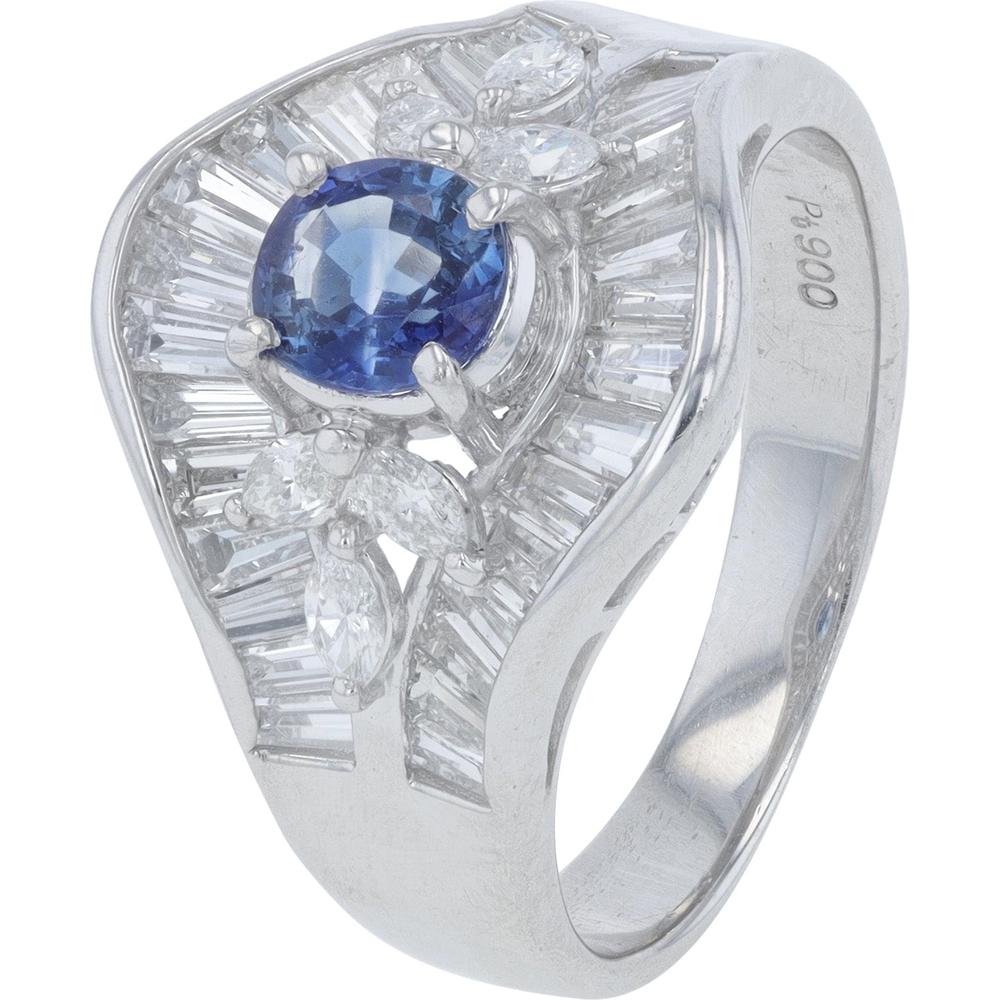 Platinum 0.83 Carats Sapphire and Diamond Ring with Baguette and Marquise Diamonds - 2.68 Carats Total Gem Weight