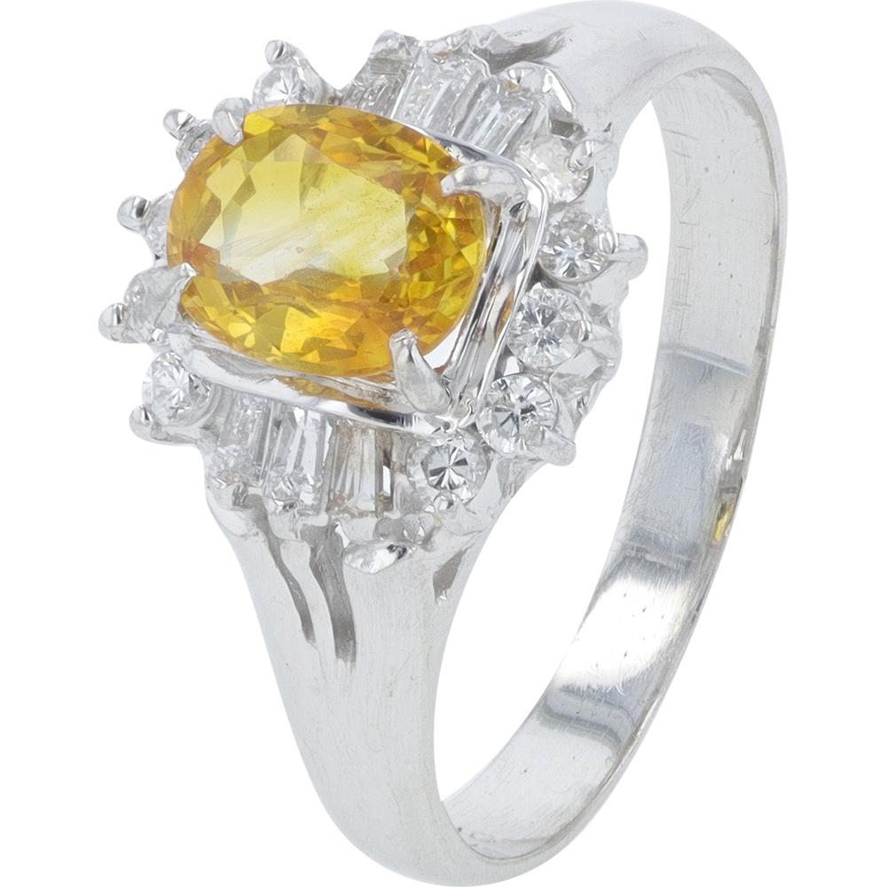 Platinum 0.83 Carats Yellow Sapphire and Diamond Accent Ring - 0.26 Carats Total Diamond Weight