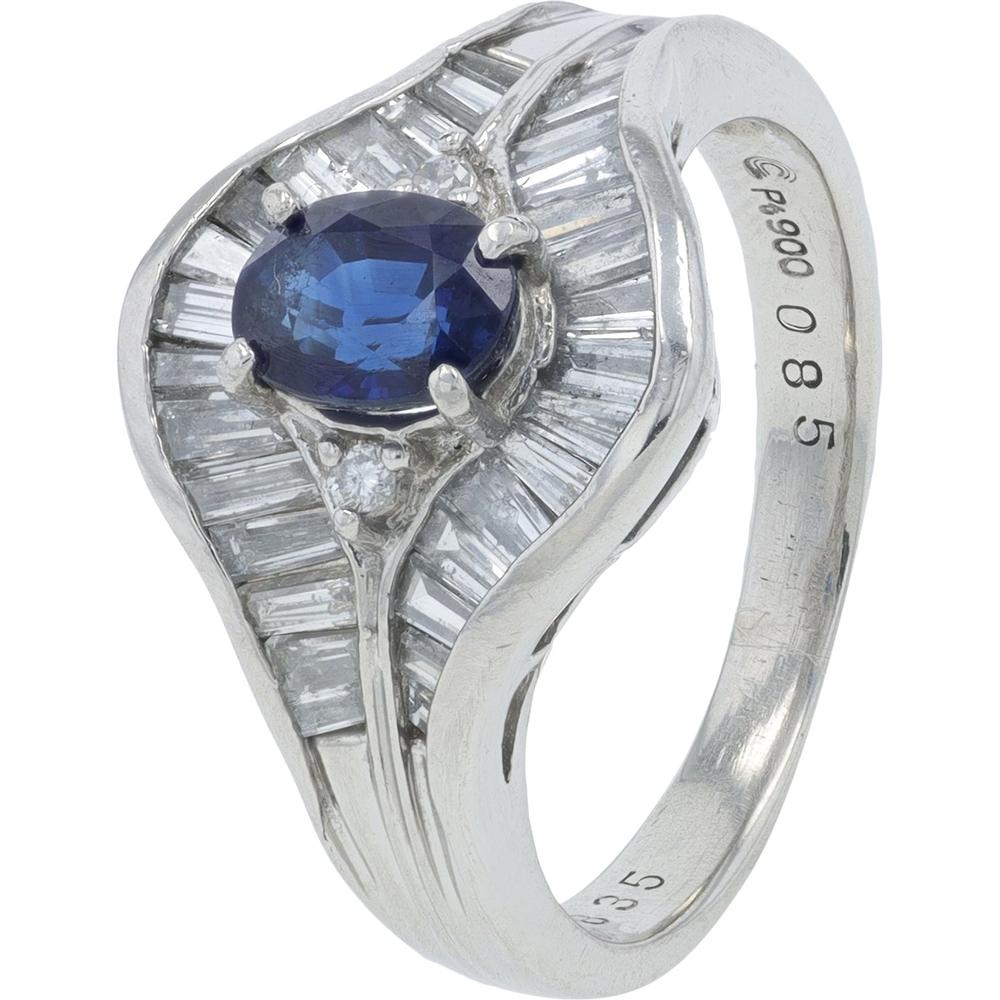 Platinum 0.835 Carat Oval Sapphire Ring with 1.85 Carat Baguette Diamond Accents