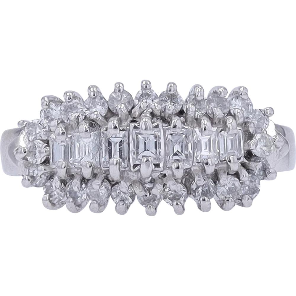 Platinum 0.86 Carat Diamond Ring with Baguette and Round Diamonds - 0.86 Carat Total Diamond Weight