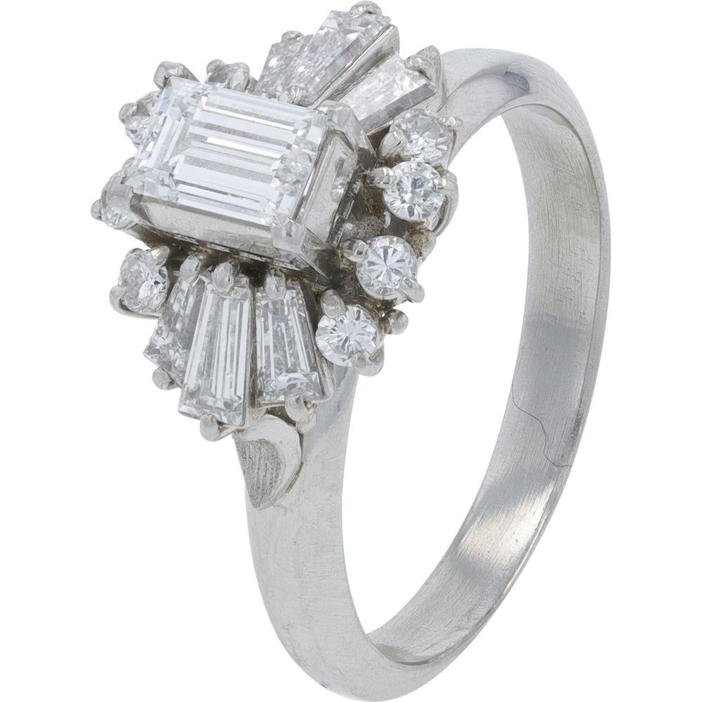 Platinum 0.87 Carat Total Weight Diamond Crossover Cluster Ring with Baguette and Round Brilliant Cut Stones - Size 5.25