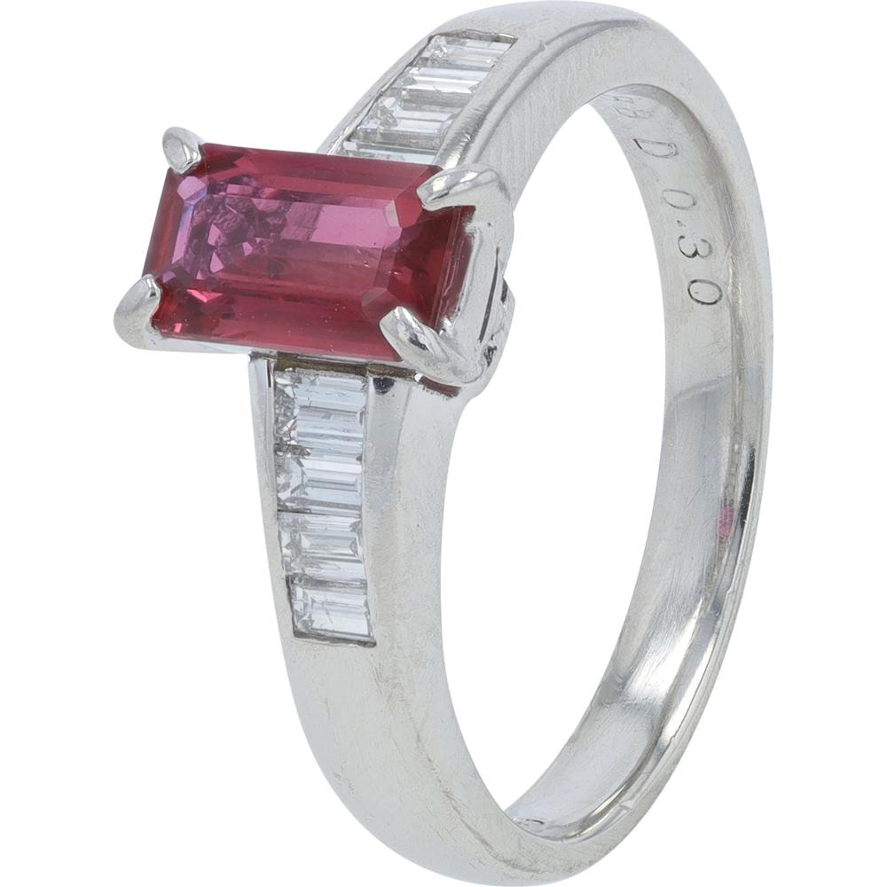 Platinum 0.88 Carat Ruby Ring with Baguette Diamonds - 0.30 Carat Total Diamond Weight