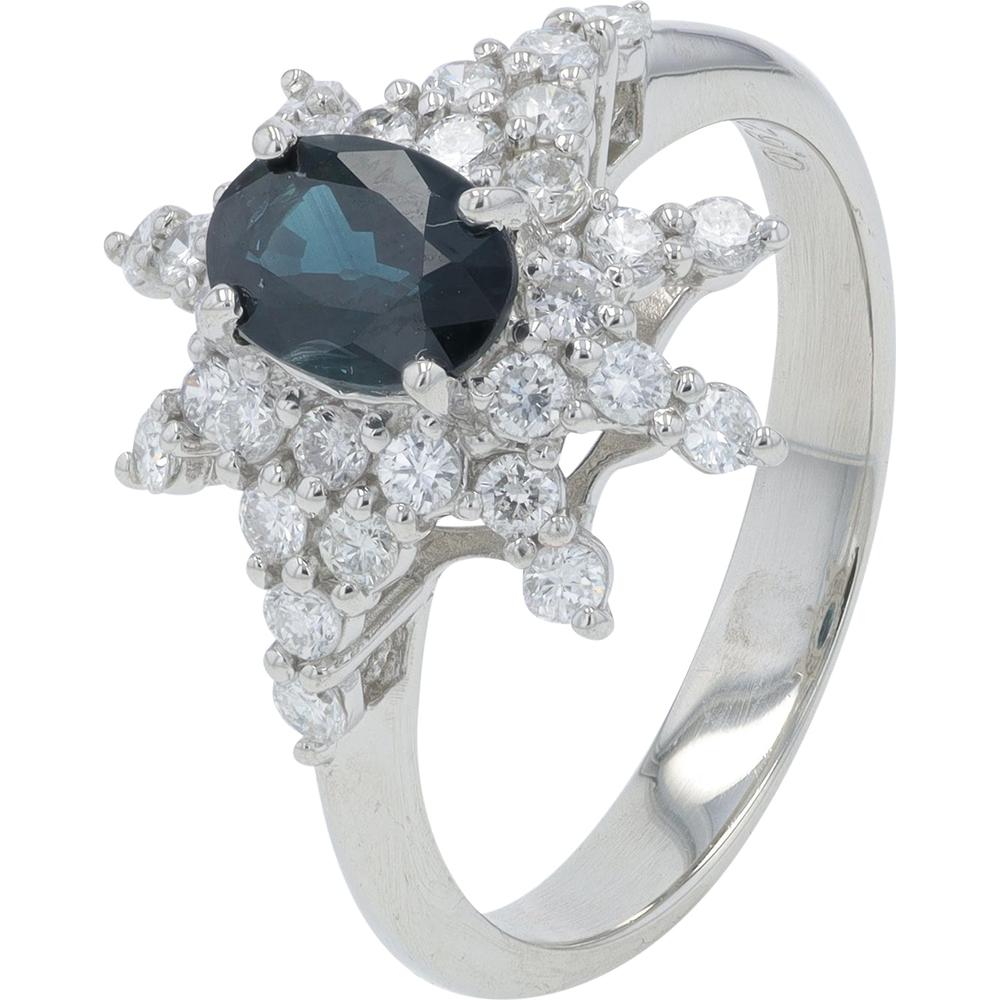 Platinum 0.88 Carat Total Weight Oval Sapphire Ring with 0.62 Carat Round Diamond Halo