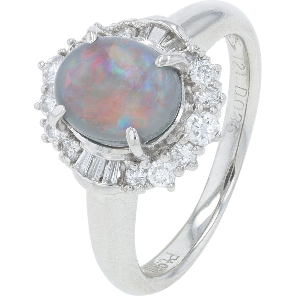 Platinum 0.90 Carat Black Opal Halo Ring with 0.36 Carat Round and Baguette Diamonds - Size 5