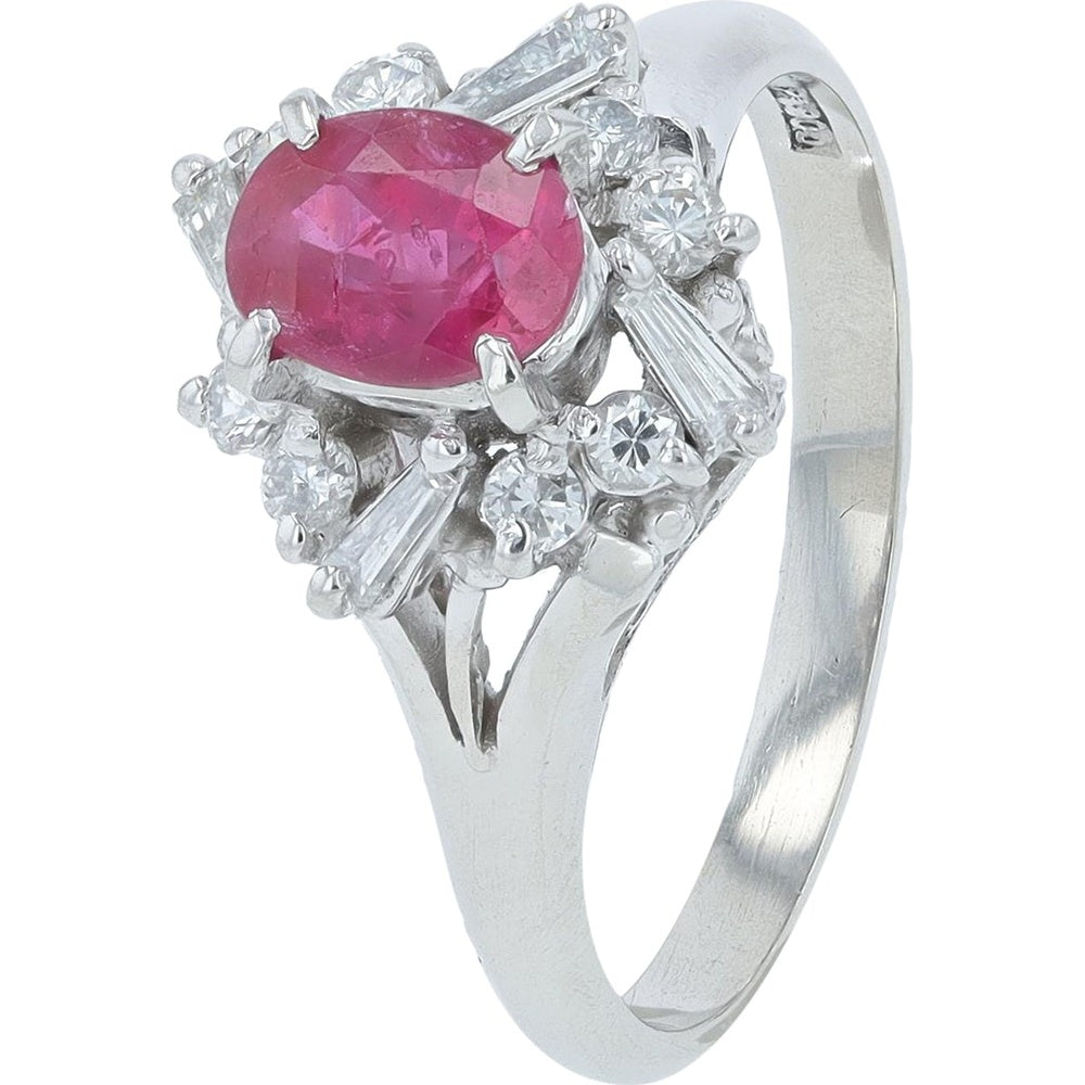Platinum 0.90 Carat Oval Ruby Ring with Round and Baguette Diamond Halo - 0.53 Carat Total Diamond Weight