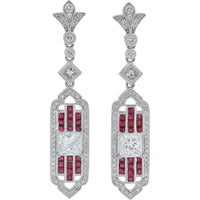 Platinum 0.91 Carat Ruby and Princess Cut Diamond Earrings - 2.17 Carat Total Diamond Weight