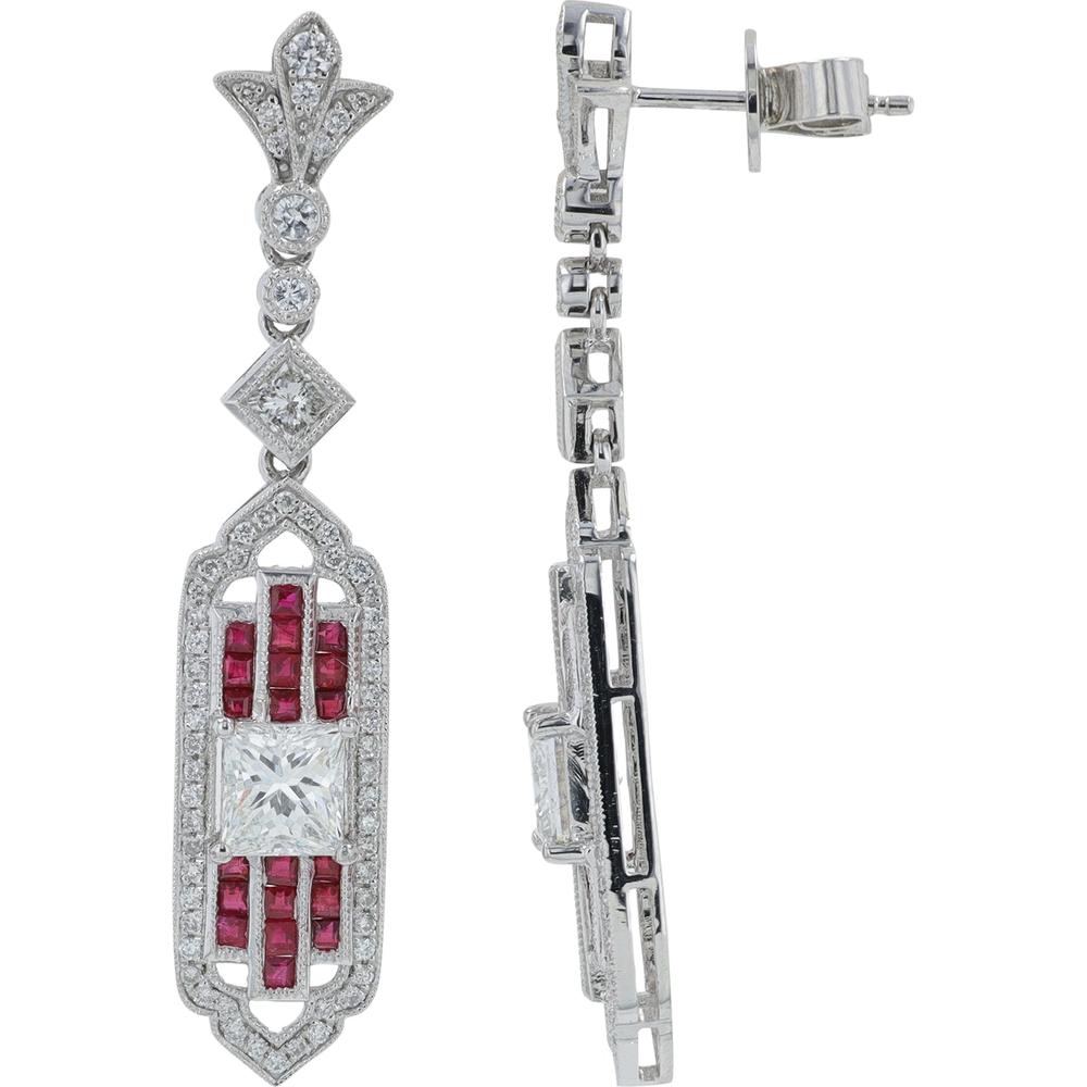 Platinum 0.91 Carat Ruby and Princess Cut Diamond Earrings - 2.17 Carat Total Diamond Weight