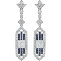 Platinum 0.92 Carat Sapphire and 2.57 Carat Diamond Drop Earrings with Princess Cut Diamonds - Platinum 950