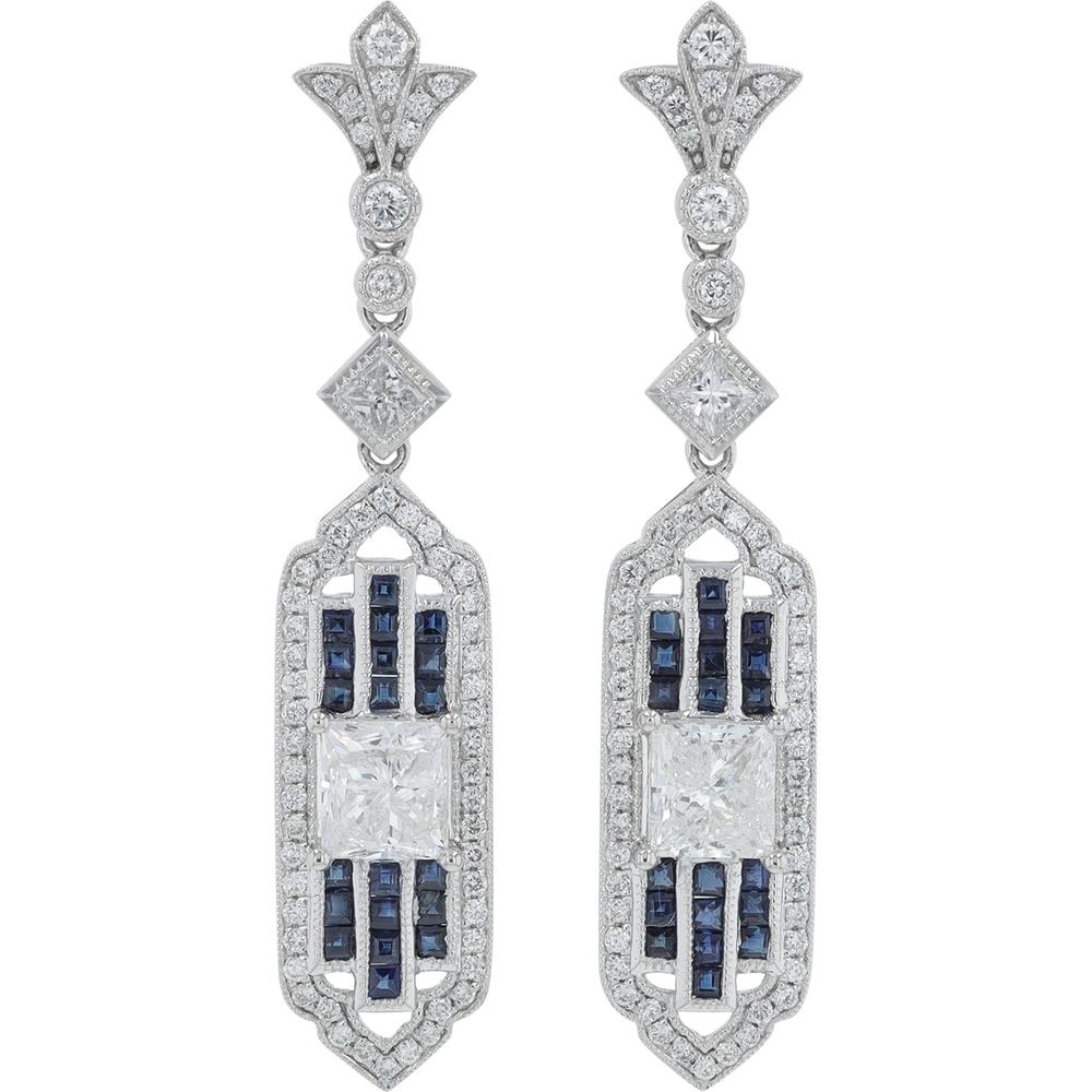 Platinum 0.92 Carat Sapphire and 2.57 Carat Diamond Drop Earrings with Princess Cut Diamonds - Platinum 950