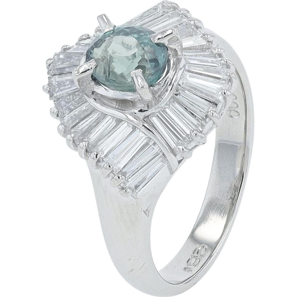 Platinum 0.95 Carat Round Russian Alexandrite Center Ring with 0.45 Carat Baguette Diamond Halo