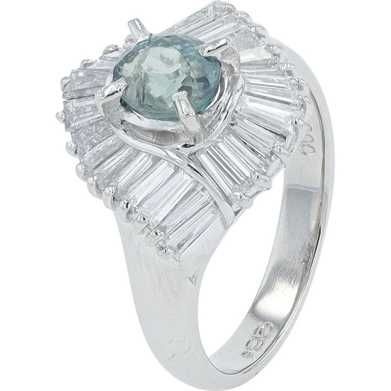 Platinum 0.95 Carat Round Russian Alexandrite Center Ring with 0.45 Carat Baguette Diamond Halo