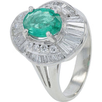 Platinum 0.96 Carat Oval Zambian Emerald Halo Ring with Baguette and Round Diamonds - 0.91 Carat Total Diamond Weight