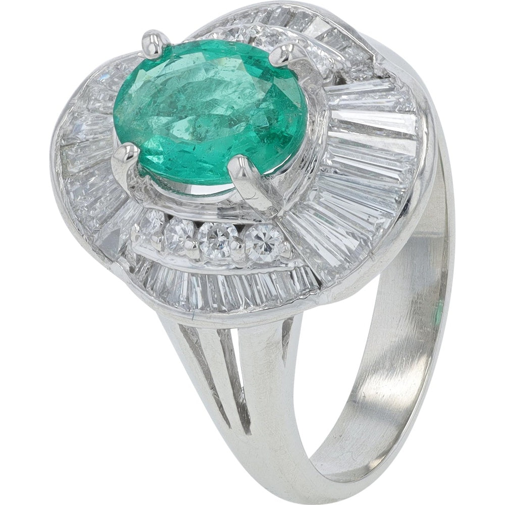 Platinum 0.96 Carat Oval Zambian Emerald Halo Ring with Baguette and Round Diamonds - 0.91 Carat Total Diamond Weight