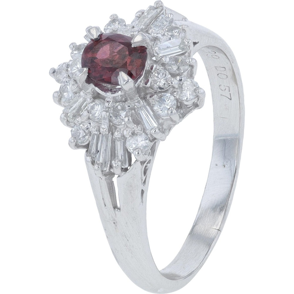 Platinum 0.96 Carat Total Gem Weight Oval Ruby and Baguette Diamond Halo Ring - 0.49 Carat Diamond Weight