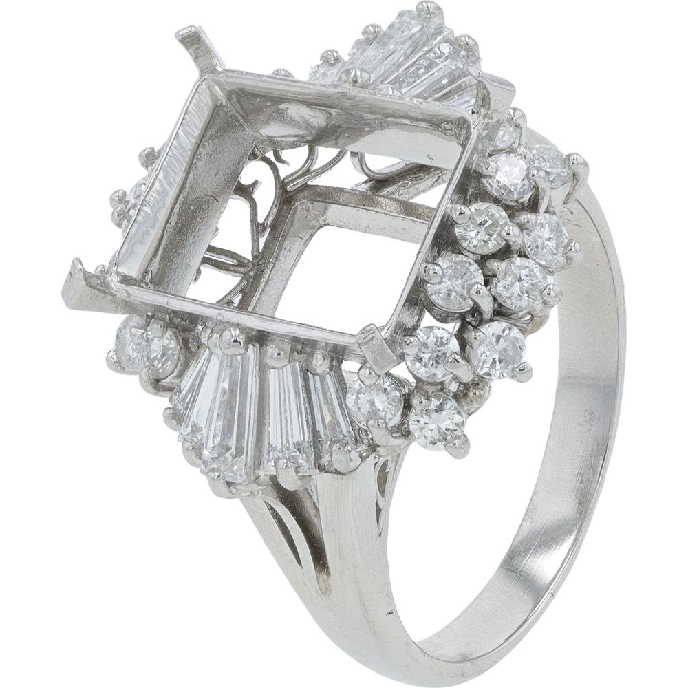Platinum 0.964 Carat Diamond Semi - Mount Ring with Baguette and Round Diamond Halo - Size 5.5
