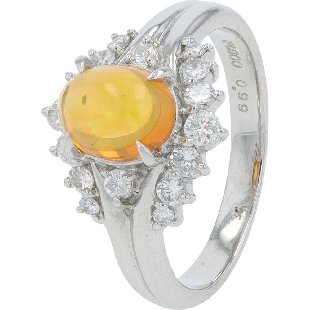 Platinum 0.99 Carat Fire Opal Ring with Halo of Diamonds - 0.41 Carat Total Diamond Weight
