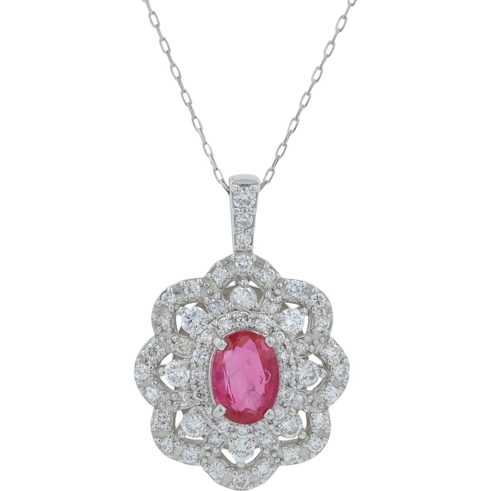 Platinum 1.00 Carat Ruby Pendant with 1.00 Carat Diamond Halo - 18" Chain