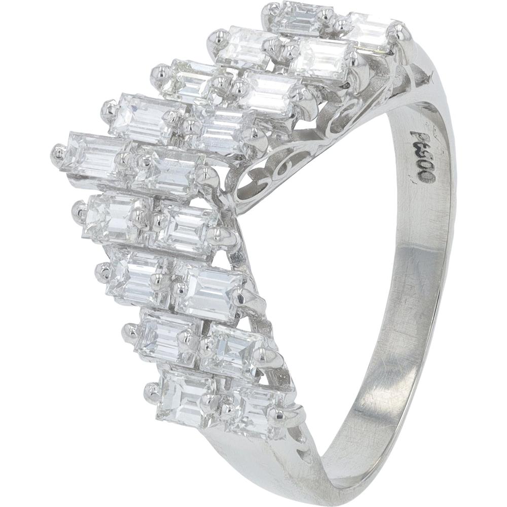 Platinum 1.00 Carat Total Diamond Chevron Ring with Prong - Set Baguette Diamonds