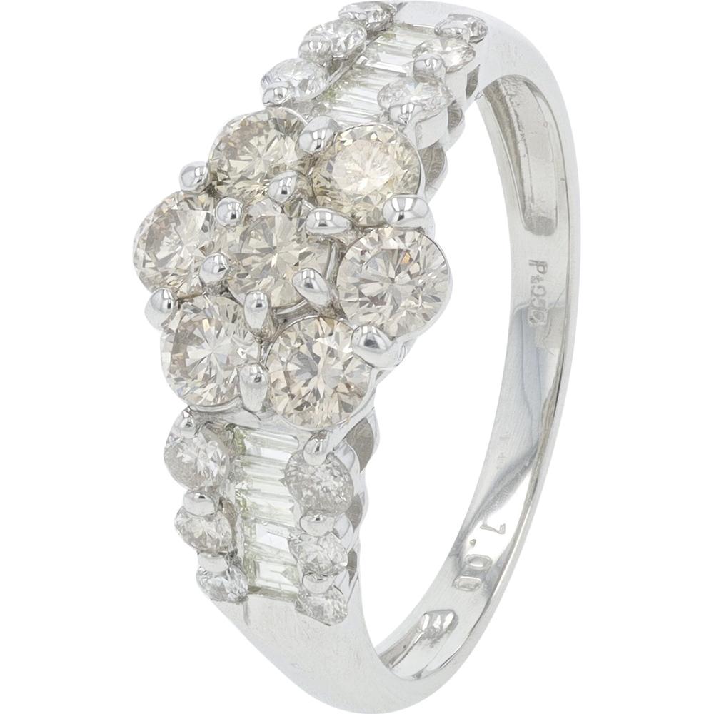 Platinum 1.00 Carat Total Weight Diamond Cluster Ring with Round and Baguette Diamonds