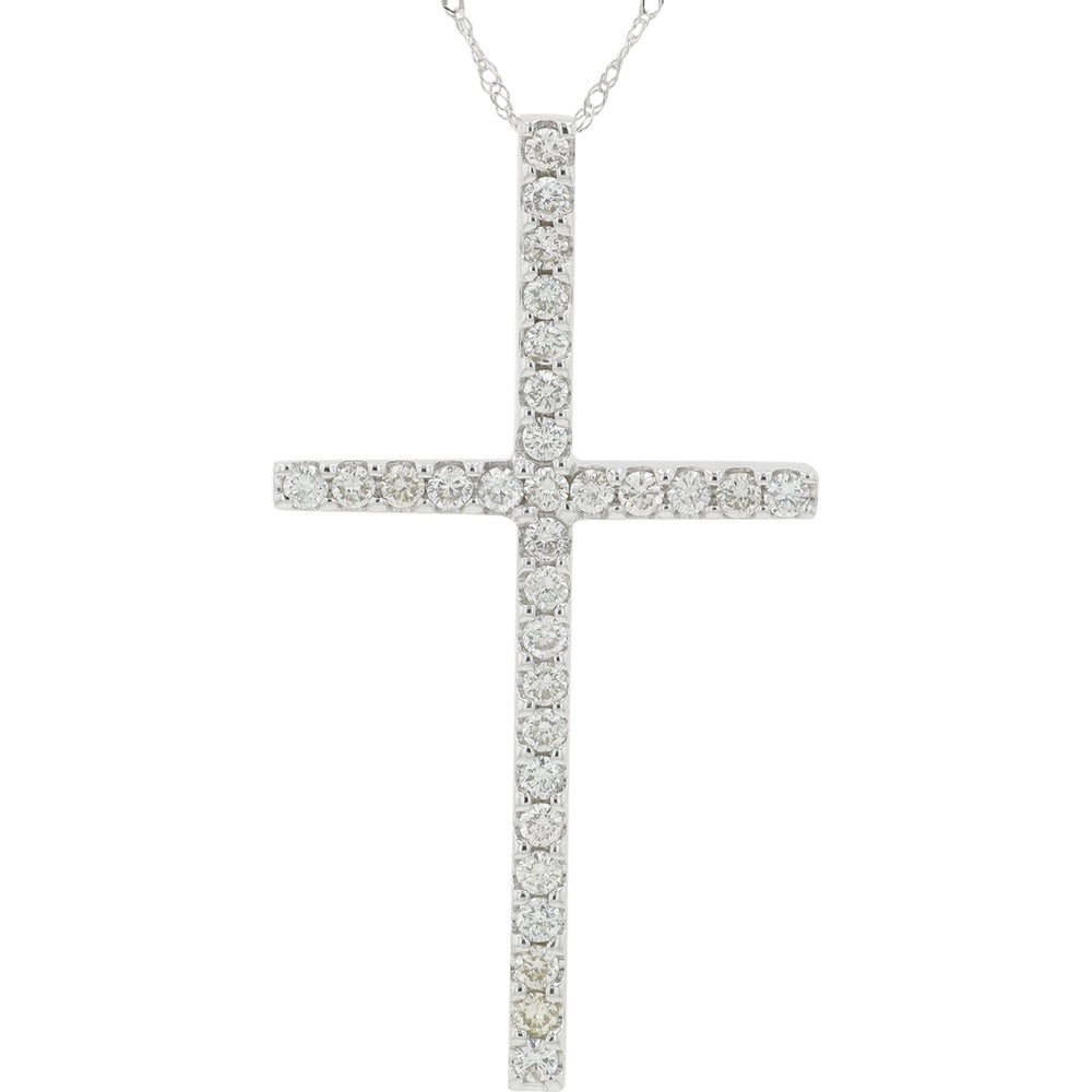 Platinum 1.00 Carat Total Weight Diamond Cross Pendant with Round Brilliant Prong Set Diamonds on 18 Inch Chain