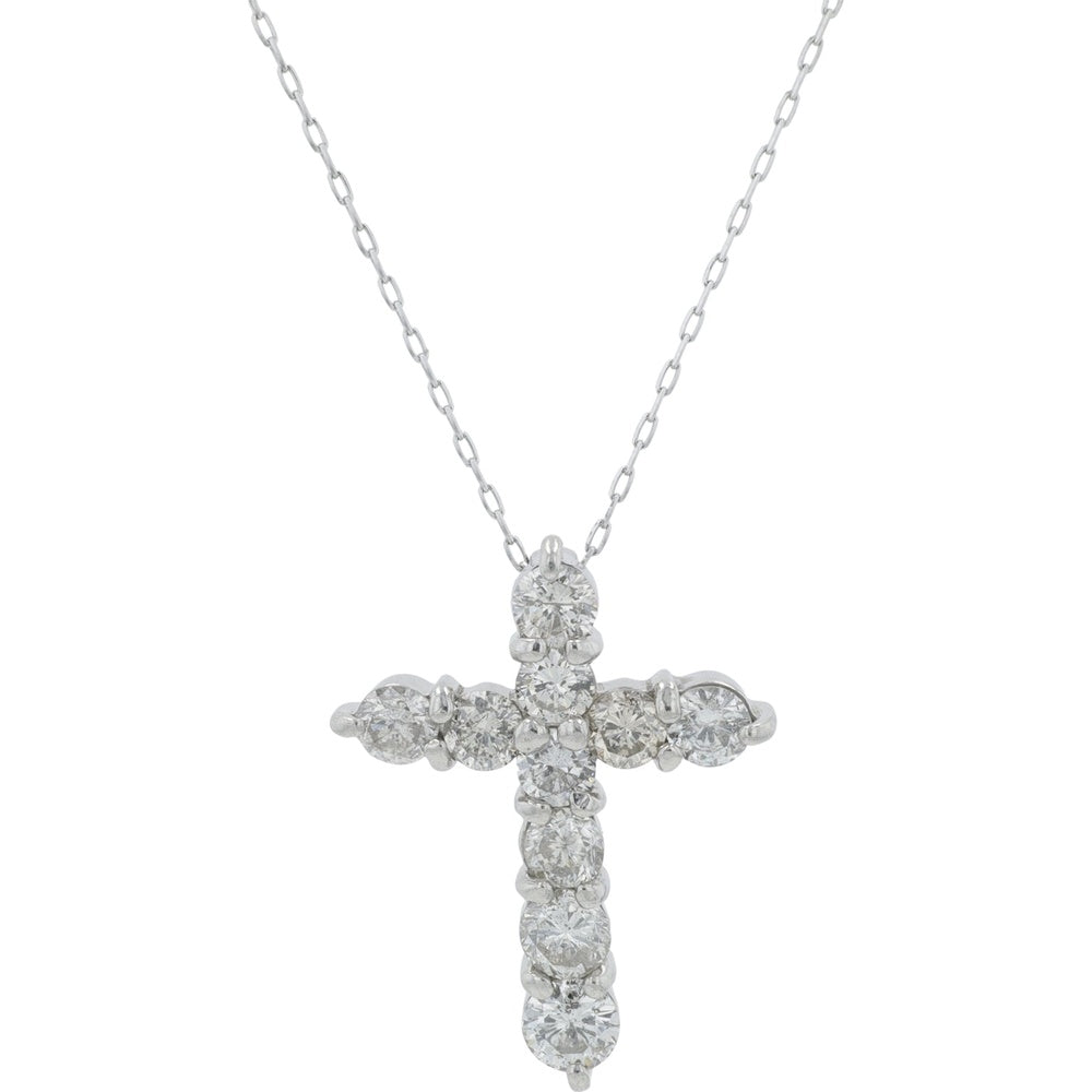 Platinum 1.00 Carat Total Weight Diamond Cross Pendant with Shared-Prong Set Round Brilliant Diamonds and 18-Inch Cable Chain