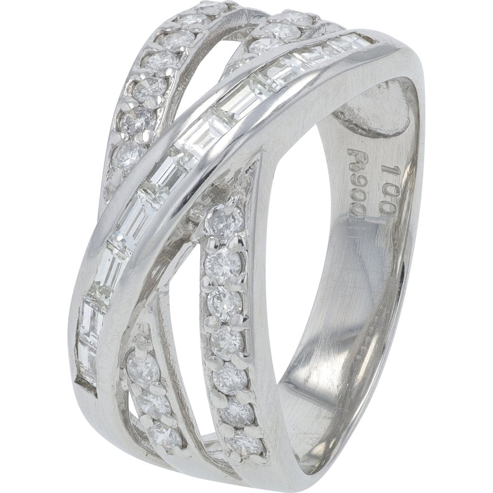 Platinum 1.00 Carat Total Weight Diamond Crossover Ring with Round and Baguette-Cut Stones