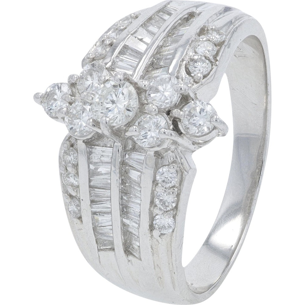 Platinum 1.00 Carat Total Weight Diamond Ring with Round Brilliant Cluster and Channel-Set Baguette Diamonds