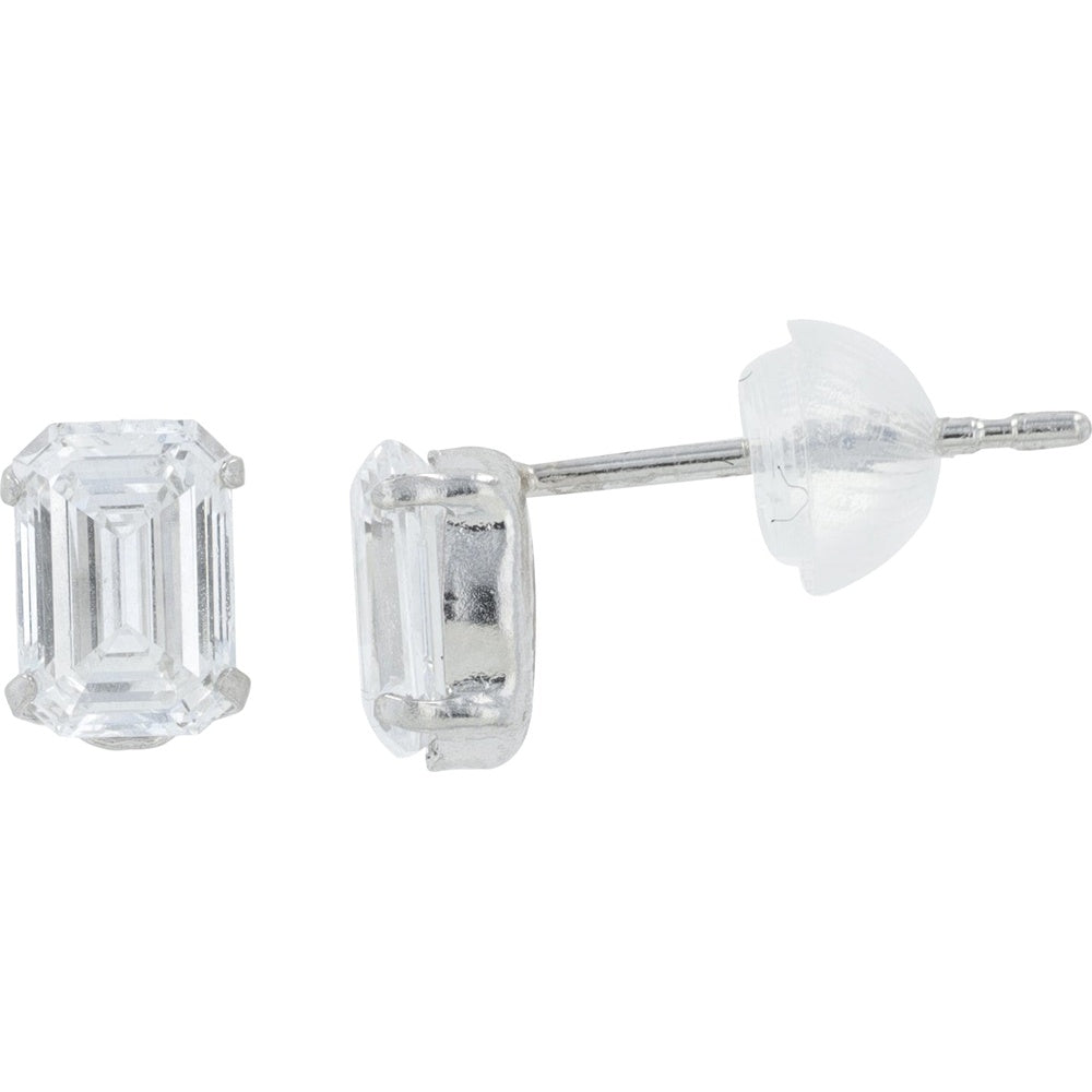Platinum 1.00 Carat Total Weight Lab Grown Diamond Emerald Cut Stud Earrings with Four-Prong Setting