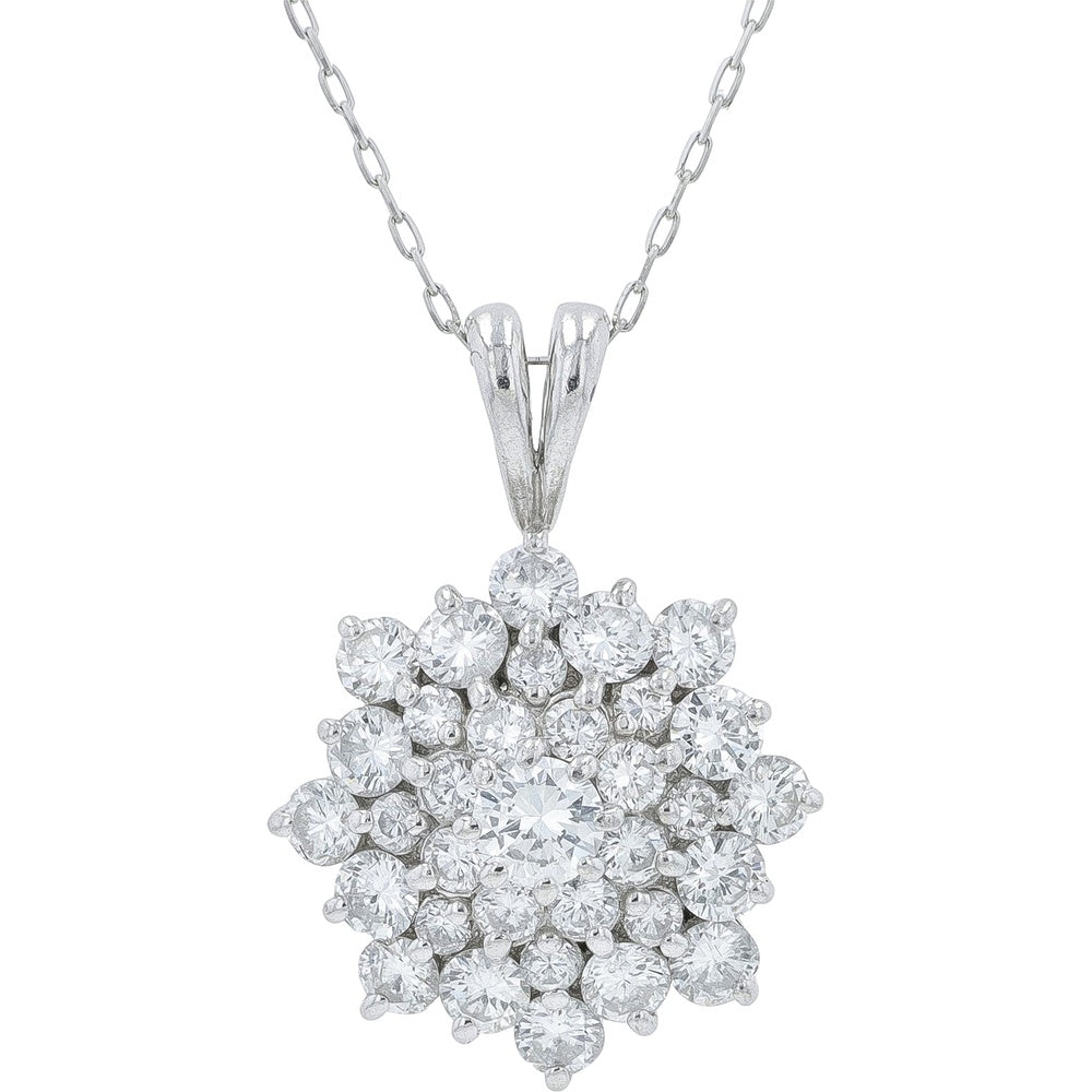 Platinum 1.00 Carat Total Weight Round Diamond Cluster Pendant with 17.75-Inch Chain
