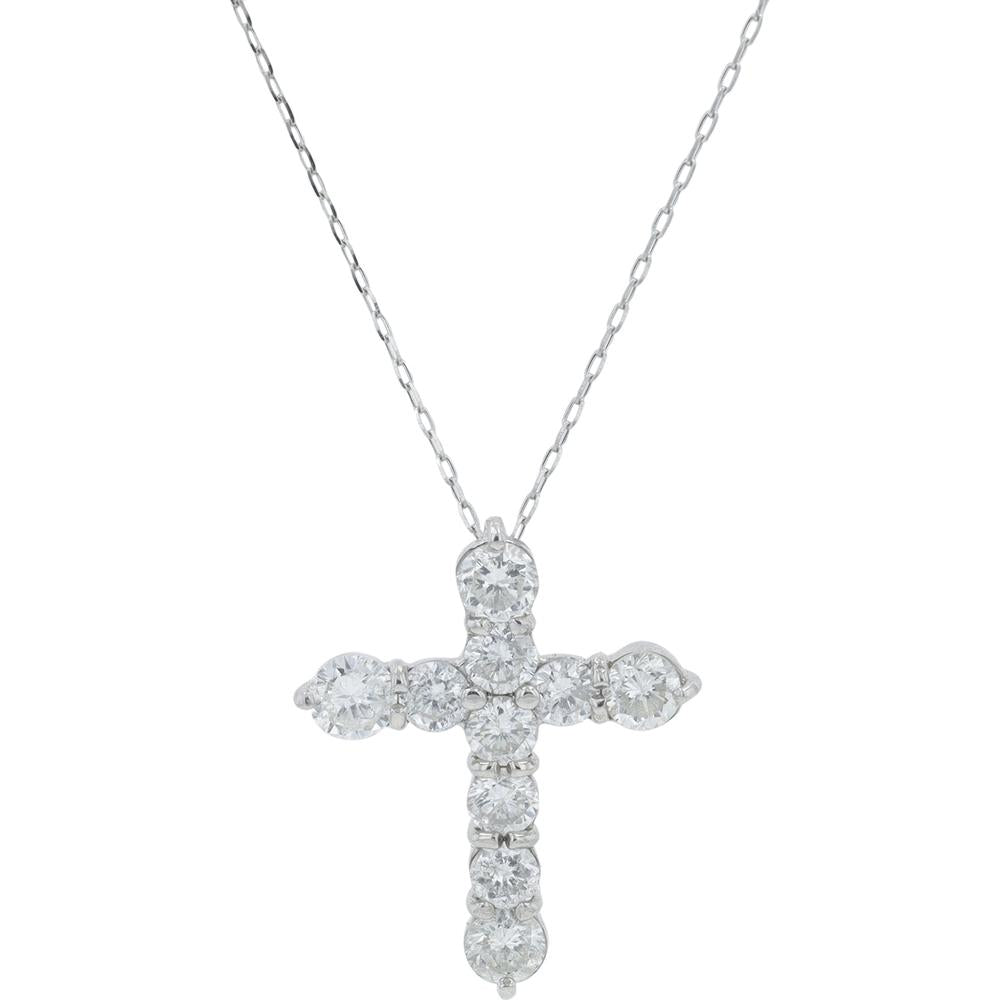 Platinum 1.00 Carat Total Weight Round Diamond Cross Pendant on 17 - Inch Chain