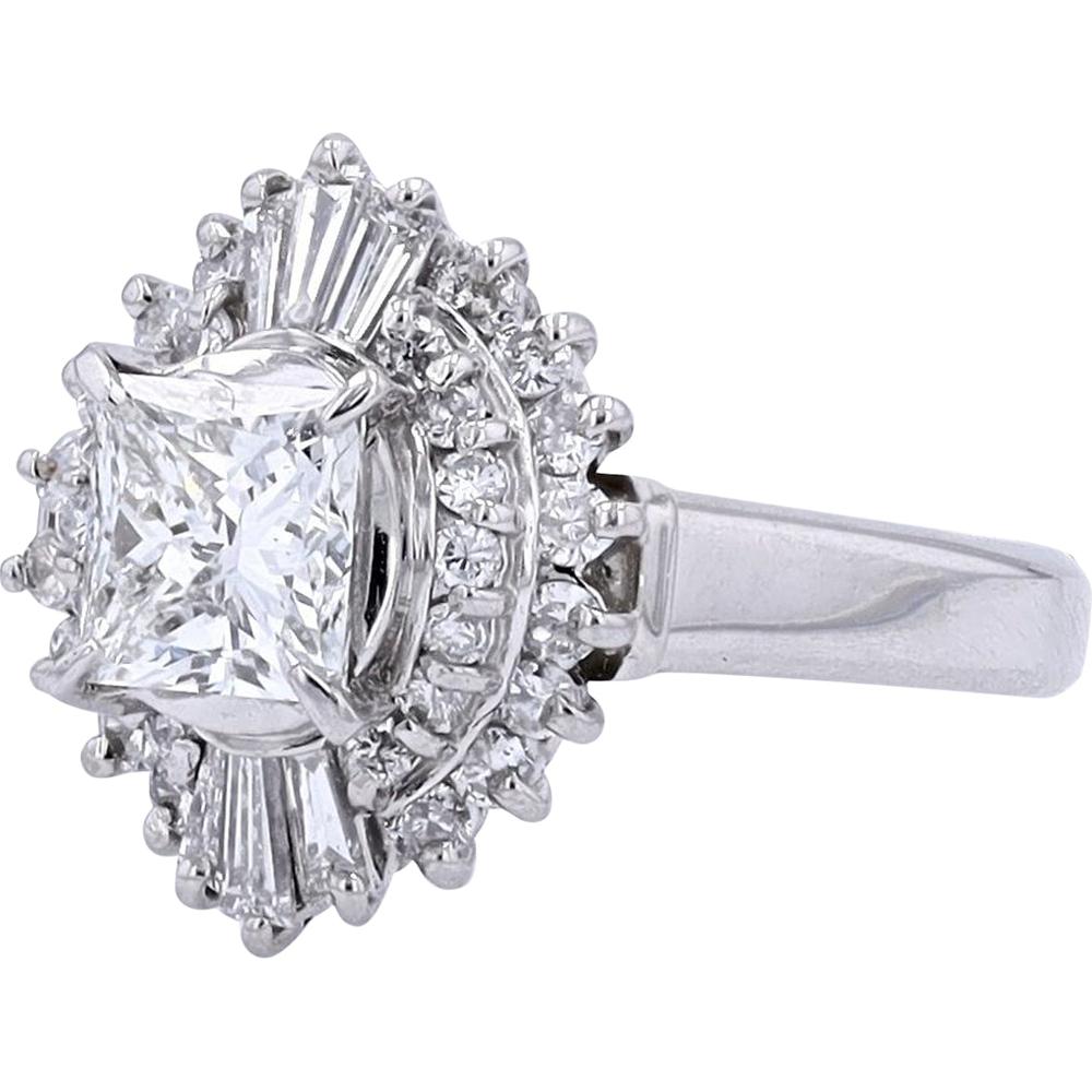Platinum 1.01 Carat Princess Cut Diamond Engagement Ring with 1.58 Carat Total Diamond Weight - GIA Certified