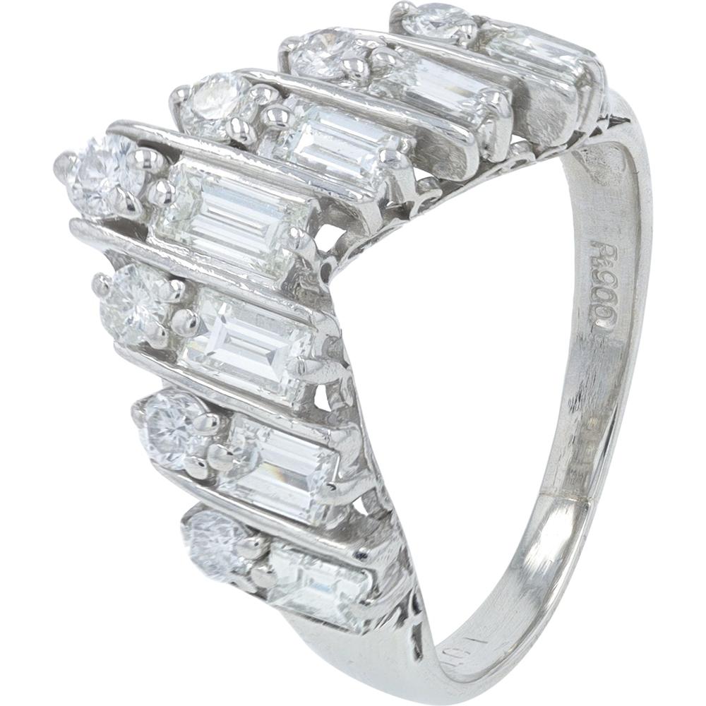 Platinum 1.01 Carat Total Diamond Chevron Ring with Baguette and Round Cut Stones