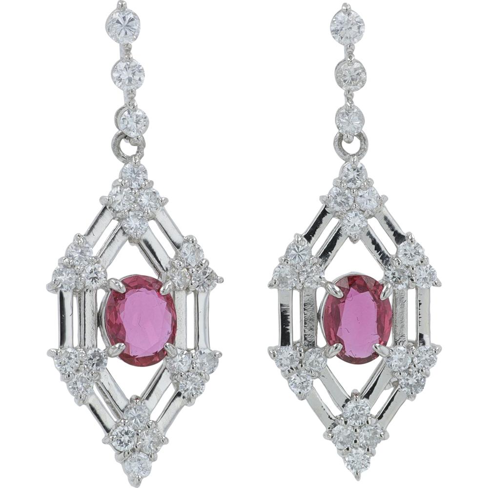 Platinum 1.01 Carat Total Weight Ruby Drop Earrings with 1.00 Carat Diamond Accents